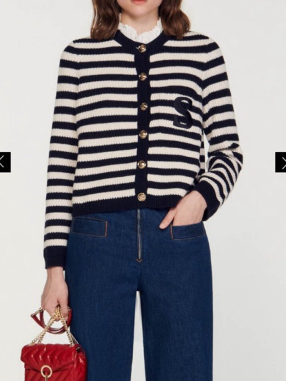 Sandro Breton Cardigan Navy White Stripe Size M
